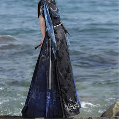 Lolita Spaghetti Strap Embroidered Hanfu Midi A-Line Dress / Light Cape / Set