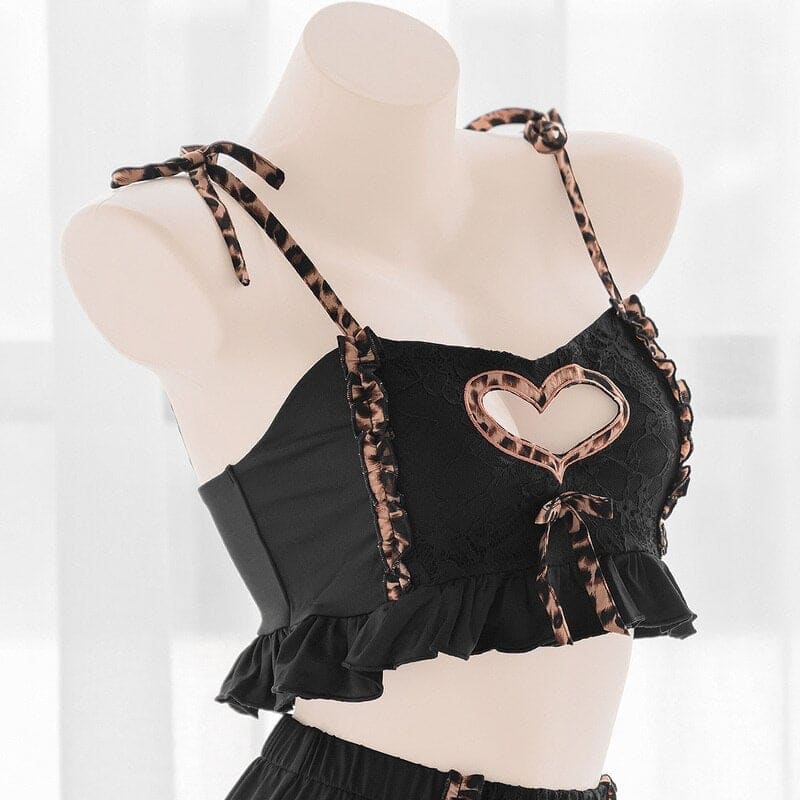 Japanese Kawaii Black Lingerie Dress Leopard Maid Outfits