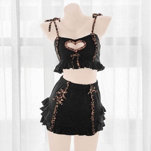 Japanese Kawaii Black Lingerie Dress Leopard Maid Outfits