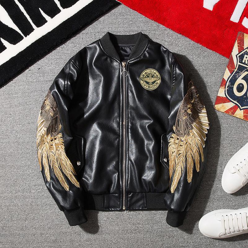 Embroidered Golden Wings Leather Jacket