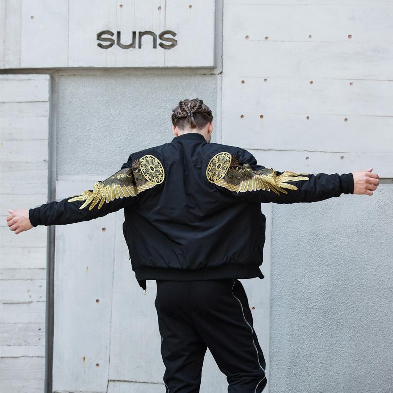 Embroidered Golden Wings Leather Jacket