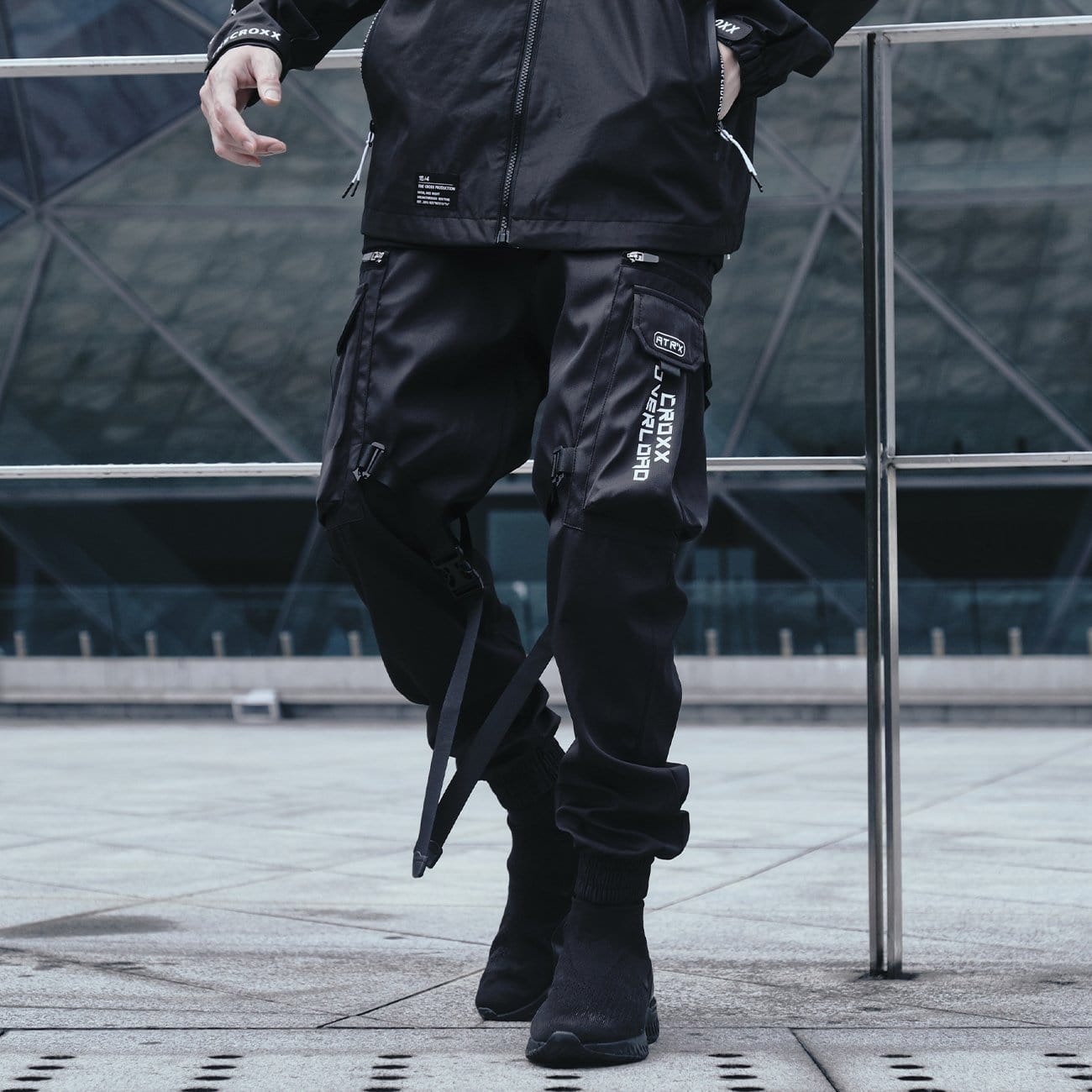 Dark Combat Ribbons Zip Up Pockets Cargo Pants