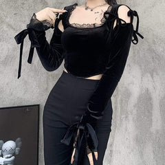 Dark Design Lace Vest Flared Sleeve Long Sleeve Tee