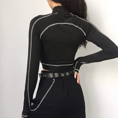 Half Zipper Topstitched Letter Print Long Sleeve