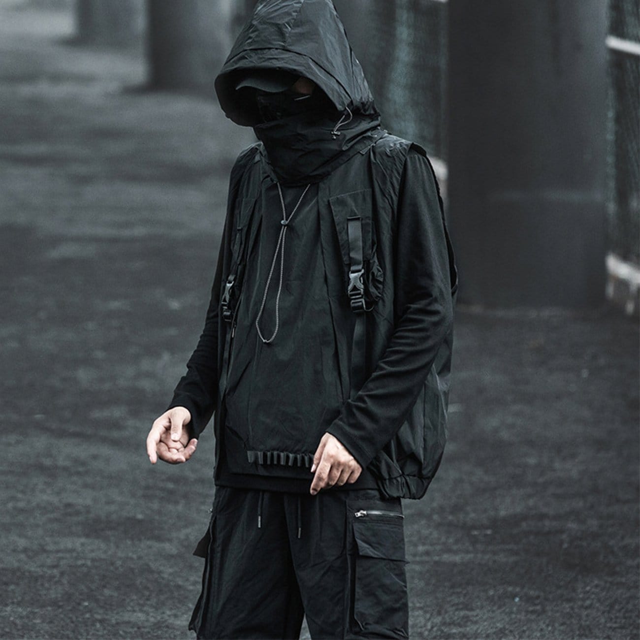 Dark Combat Multi Pockets Hooded Vest Jacket