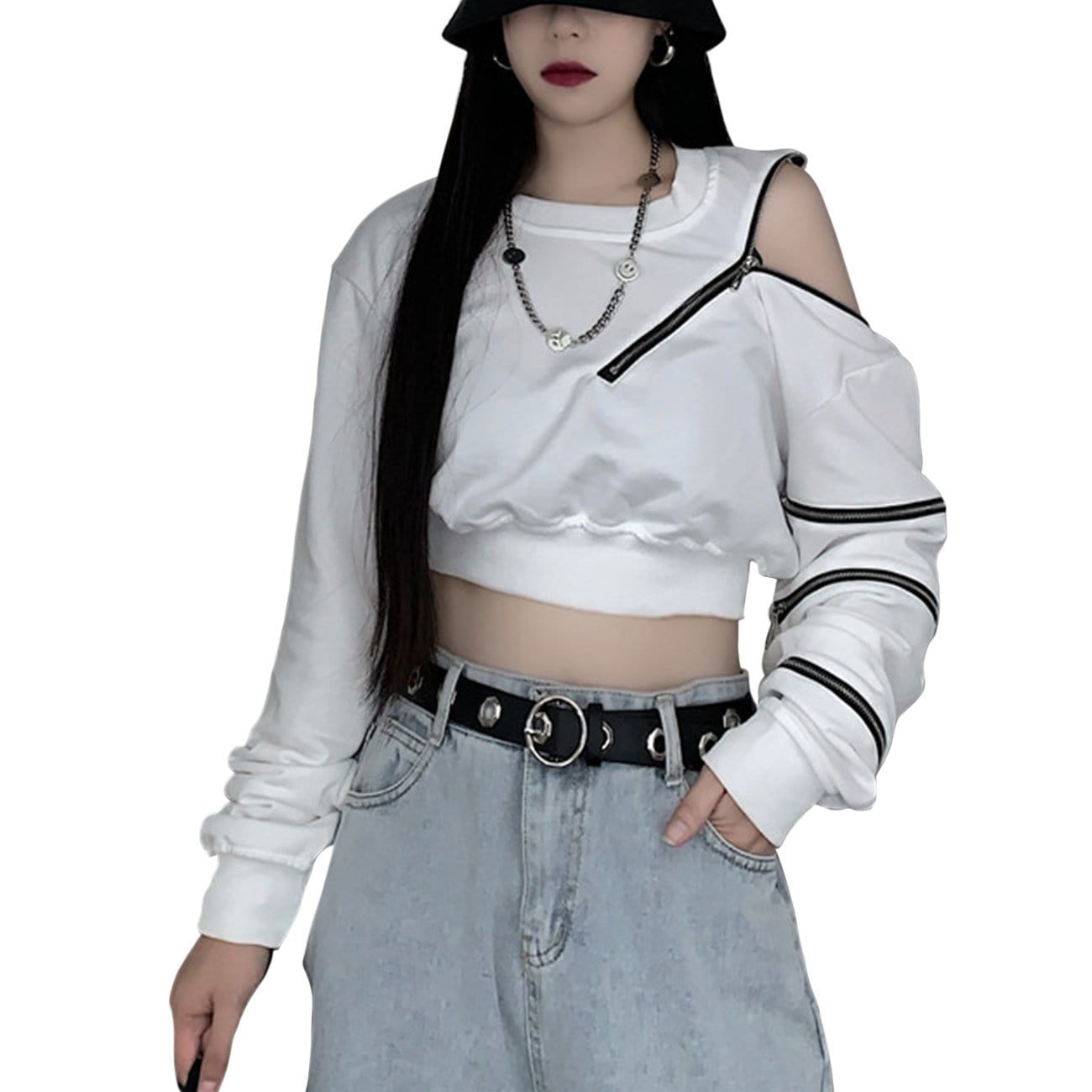 Dark Zipper Strapless Cropped Sweatshirt