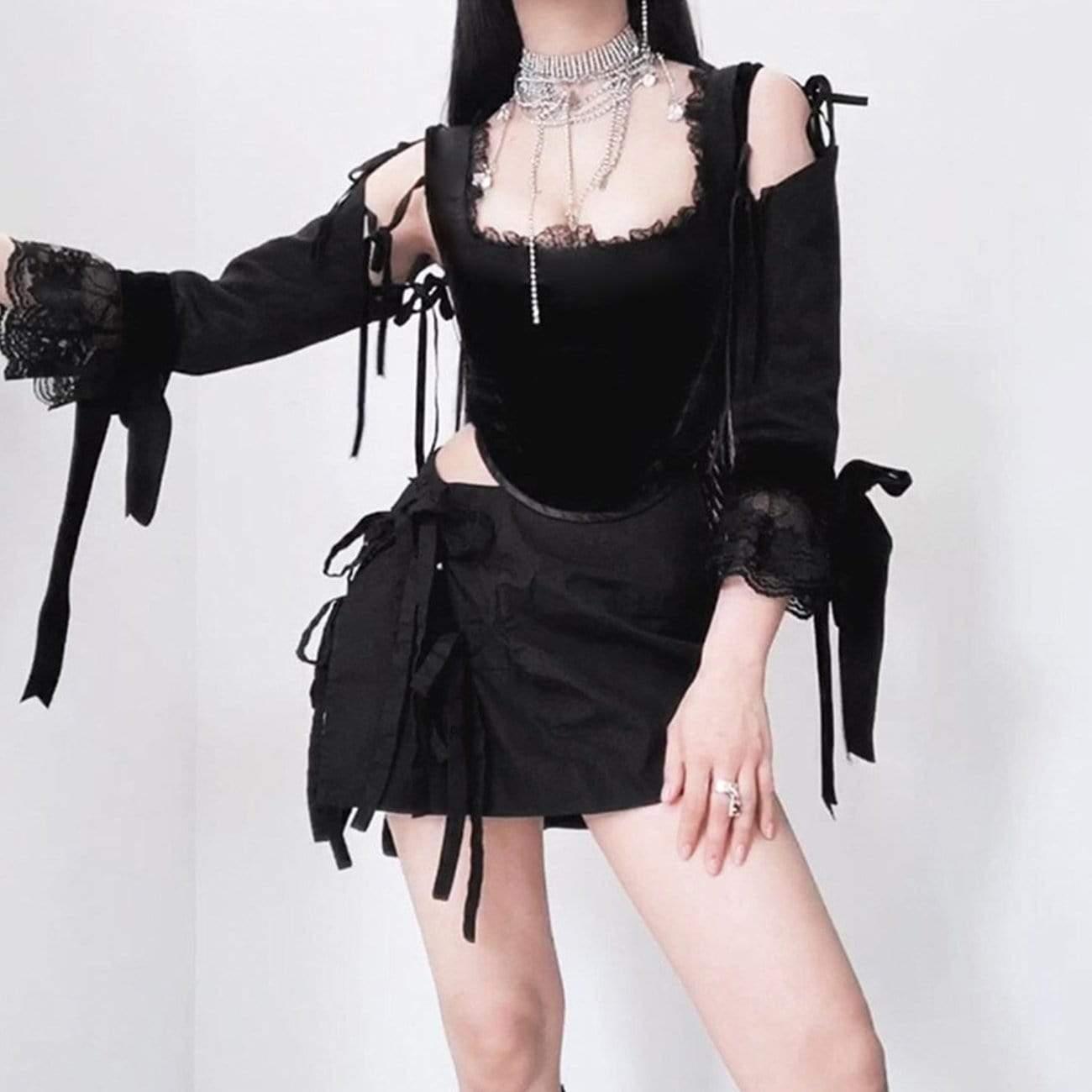 Dark Design Lace Vest Flared Sleeve Long Sleeve Tee