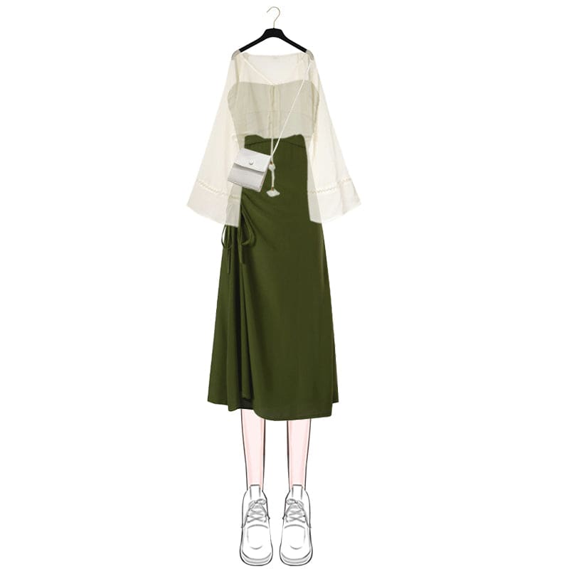 Kawaii Bell Sleeve Cardigan Lace Up Slip Dress Set