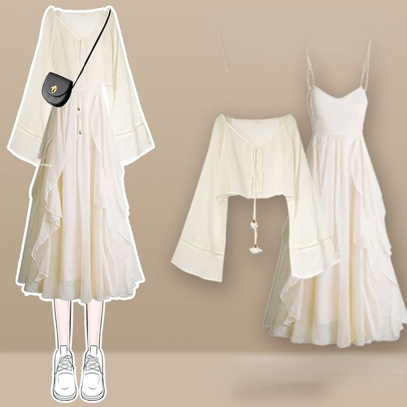 Kawaii Bell Sleeve Cardigan Lace Up Slip Dress Set