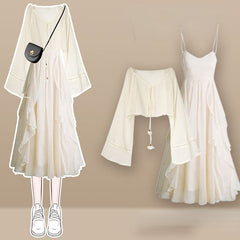 Kawaii Bell Sleeve Cardigan Lace Up Slip Dress Set