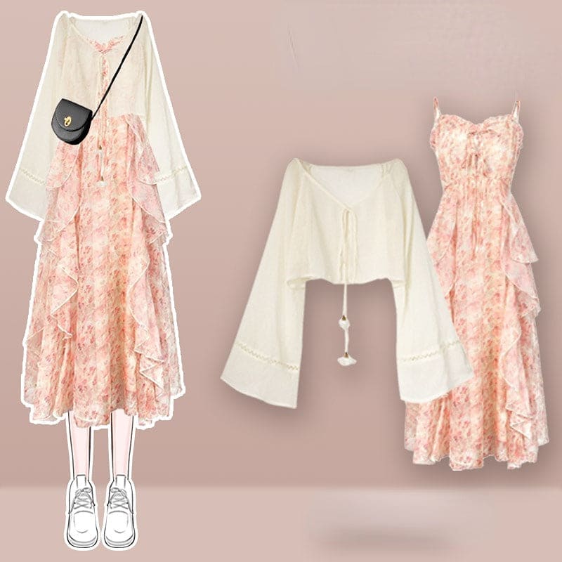 Kawaii Bell Sleeve Cardigan Lace Up Slip Dress Set
