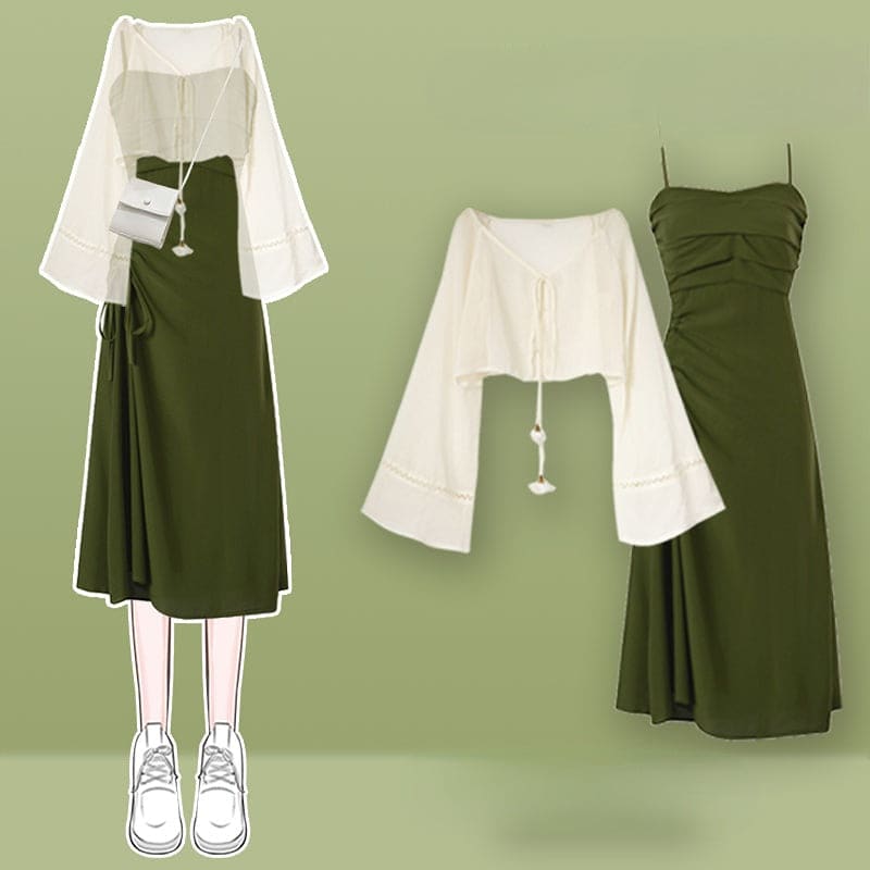 Kawaii Bell Sleeve Cardigan Lace Up Slip Dress Set