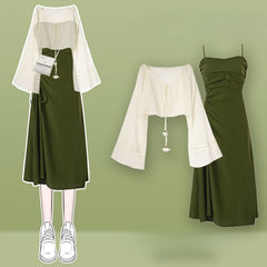 Kawaii Bell Sleeve Cardigan Lace Up Slip Dress Set