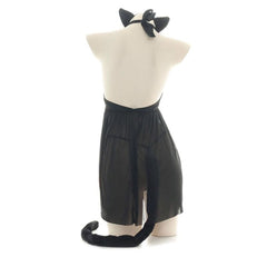 Kawaii Cat Girl Translucent Pajama Open Chest Nightdress With Ears and Tail Set