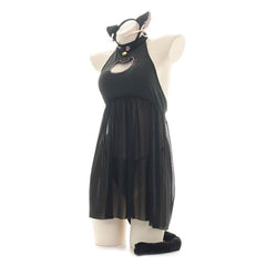 Kawaii Cat Girl Translucent Pajama Open Chest Nightdress With Ears and Tail Set