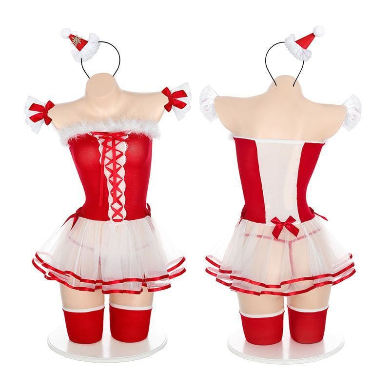 Kawaii Cute Fluffy Red Christmas Pleated Skirt Santa Lingerie Set