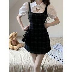 Kawaii Love Heart Hollow Out T-shirt Side Lace Up Plaid Dress