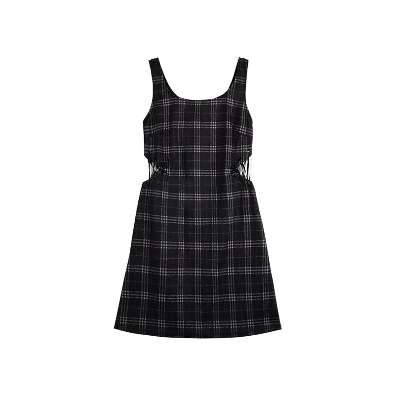 Kawaii Love Heart Hollow Out T-shirt Side Lace Up Plaid Dress