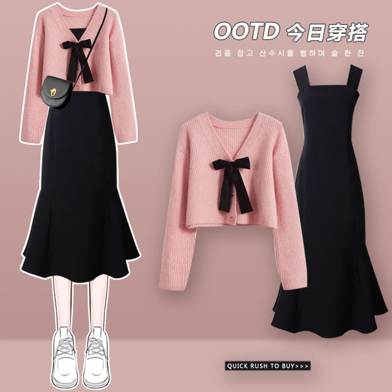 Kawaii Pink Sweater and Slip Black Dress
