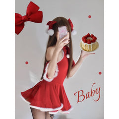 Kawaii Snowballs Christmas Halter Bow Santa Dress