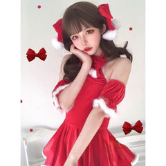 Kawaii Snowballs Christmas Halter Bow Santa Dress