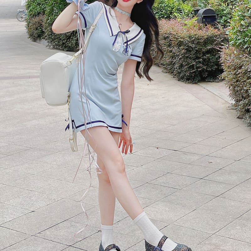 Kawaii Spring Blue Pink Bear Cute Sailor Dress