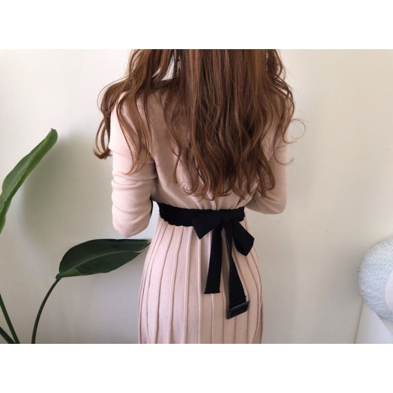 Korean Elegant Knitted A-line High Waist Pleated Pink Dress
