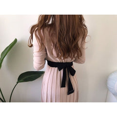 Korean Elegant Knitted A-line High Waist Pleated Pink Dress