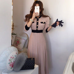 Korean Elegant Knitted A-line High Waist Pleated Pink Dress