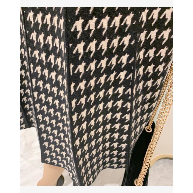 Korean Elegant Knitted Plaid Long Sleeve Lace-up Bow Pleated Dress