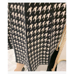 Korean Elegant Knitted Plaid Long Sleeve Lace-up Bow Pleated Dress