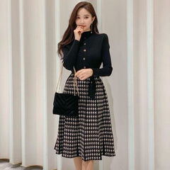 Korean Elegant Knitted Plaid Long Sleeve Lace-up Bow Pleated Dress