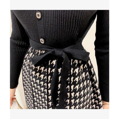 Korean Elegant Knitted Plaid Long Sleeve Lace-up Bow Pleated Dress