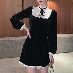 Korean Lace Patchwork O Neck Black High Waist Dress