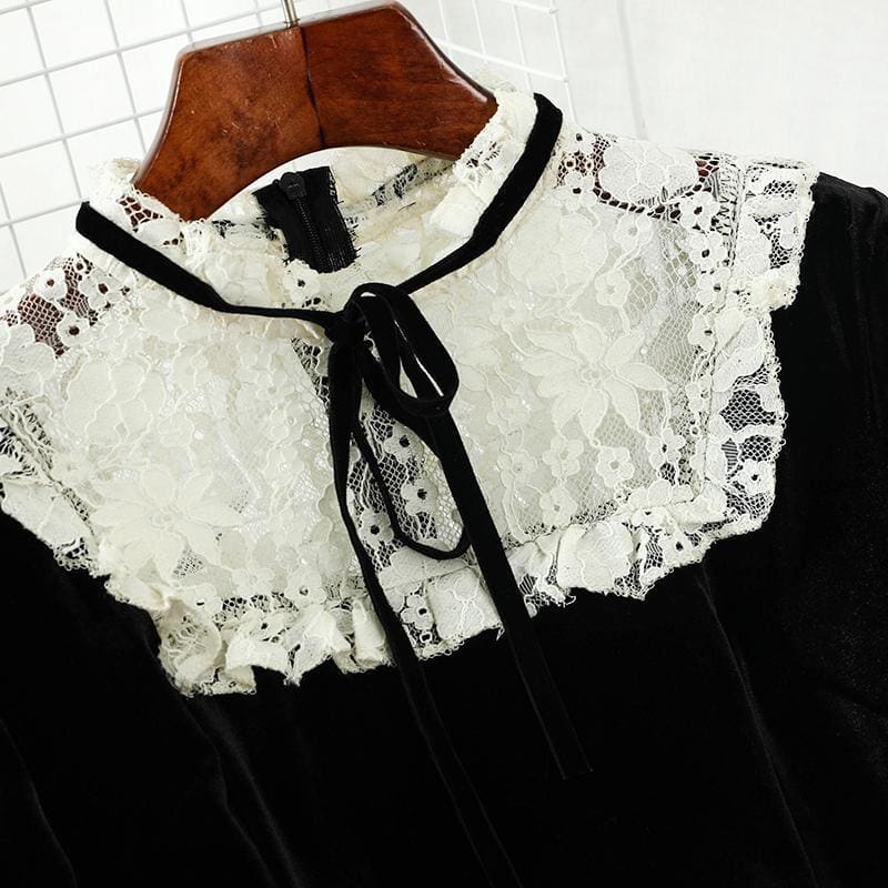 Korean Lace Patchwork O Neck Black High Waist Dress