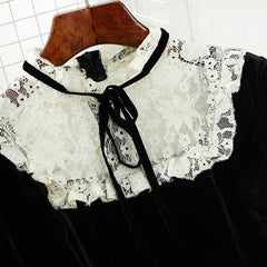 Korean Lace Patchwork O Neck Black High Waist Dress
