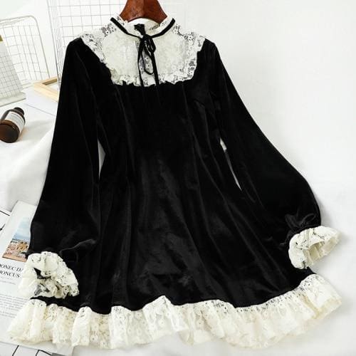 Korean Lace Patchwork O Neck Black High Waist Dress