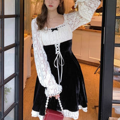 Korean Vintage Kawaii Lace Slim Elegant Retro Black Fairy Dress