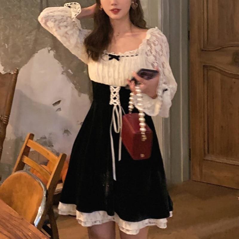 Korean Vintage Kawaii Lace Slim Elegant Retro Black Fairy Dress