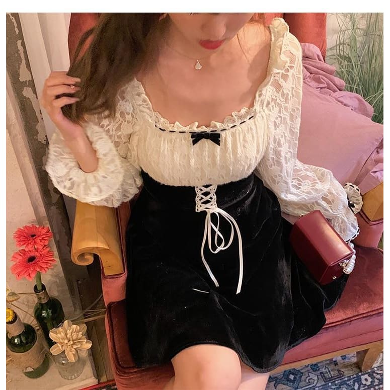 Korean Vintage Kawaii Lace Slim Elegant Retro Black Fairy Dress
