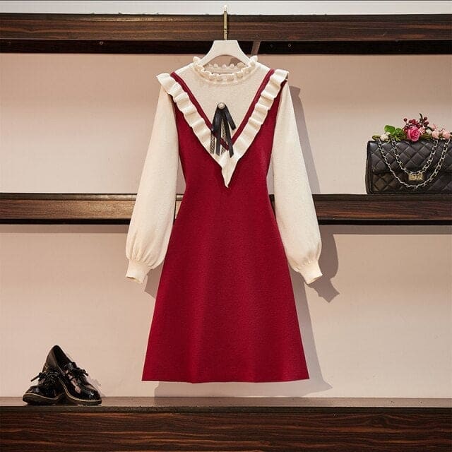 Korean Warm Plus Size Fake Two-piece Knitted Dress