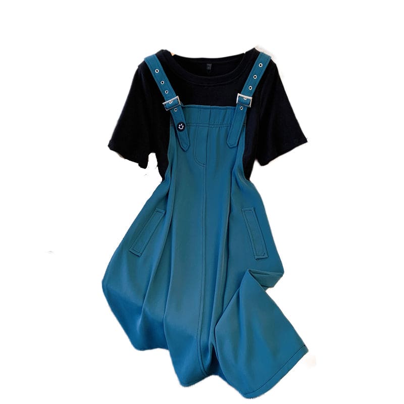 L-4XL Cyan Green/Beige Fake Two Pieces Overall Dress