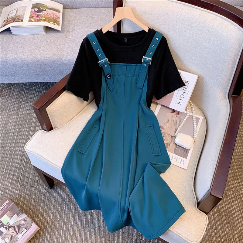 L-4XL Cyan Green/Beige Fake Two Pieces Overall Dress