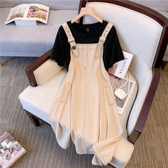 L-4XL Cyan Green/Beige Fake Two Pieces Overall Dress