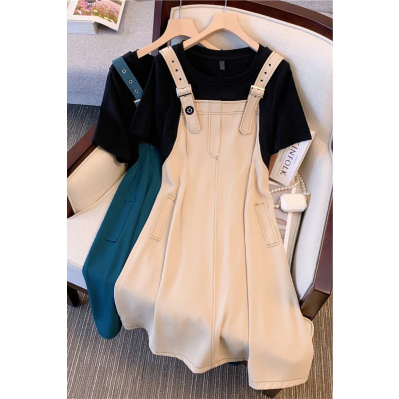 L-4XL Cyan Green/Beige Fake Two Pieces Overall Dress