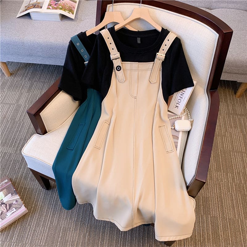 L-4XL Cyan Green/Beige Fake Two Pieces Overall Dress