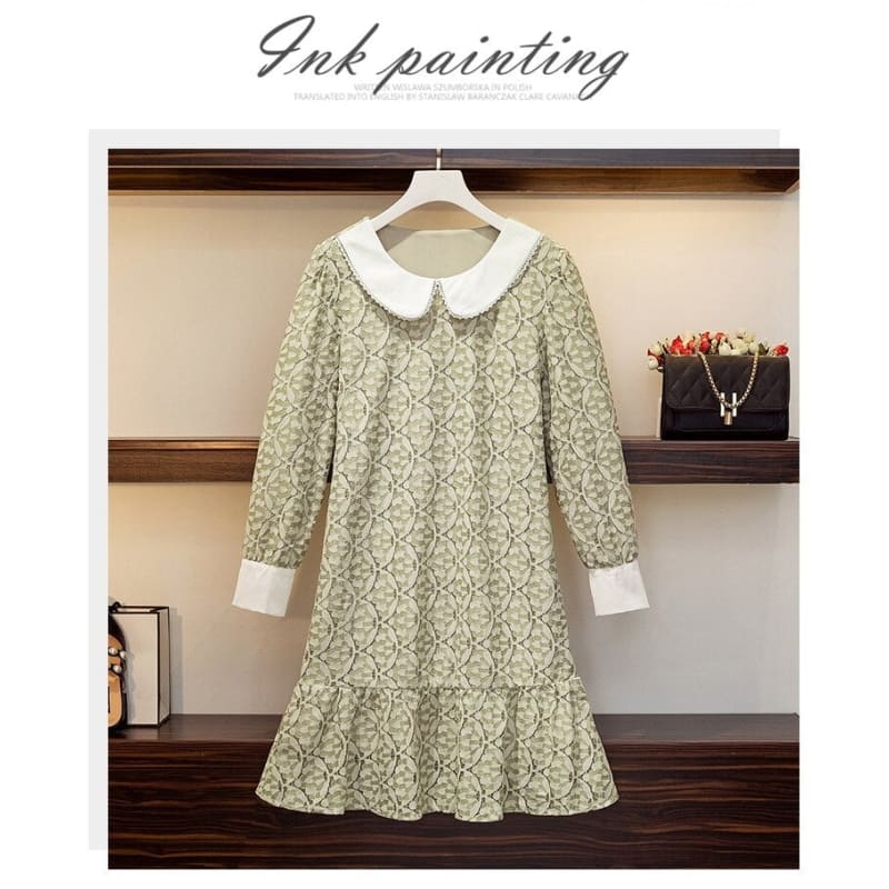 L-4XL Plus Size Blue/Green Hollow Out Lace Ruffle Sweet Dress