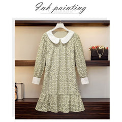 L-4XL Plus Size Blue/Green Hollow Out Lace Ruffle Sweet Dress