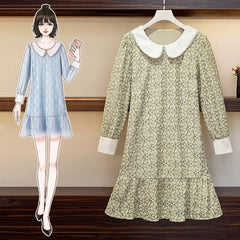 L-4XL Plus Size Blue/Green Hollow Out Lace Ruffle Sweet Dress