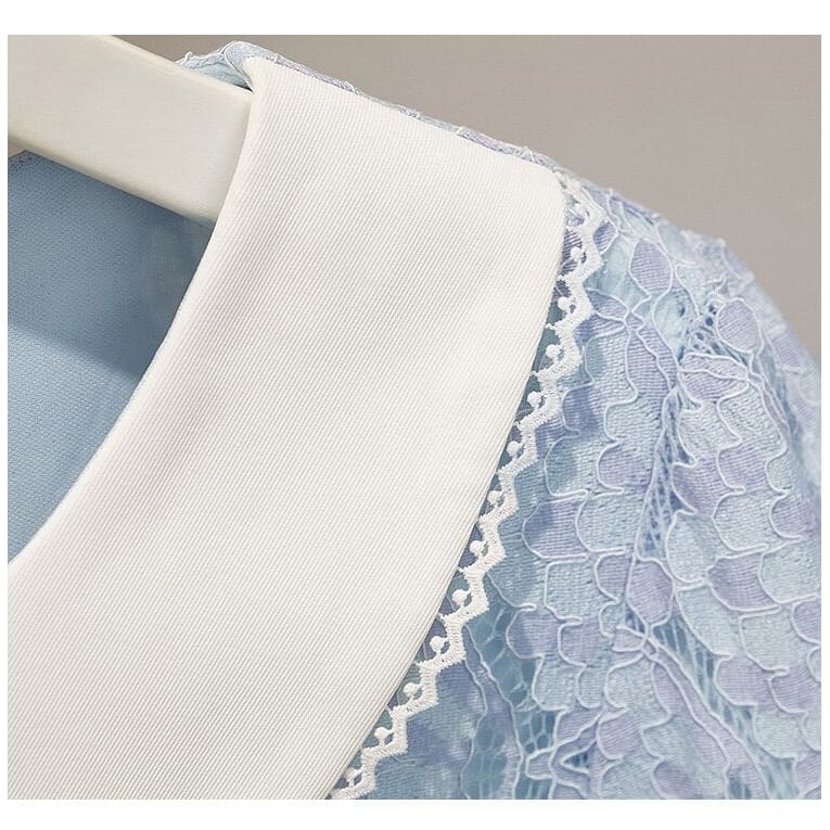 L-4XL Plus Size Blue/Green Hollow Out Lace Ruffle Sweet Dress